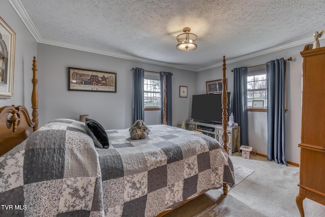 carpeted bedroom with baseboards, a textured ceiling, and ornamental molding