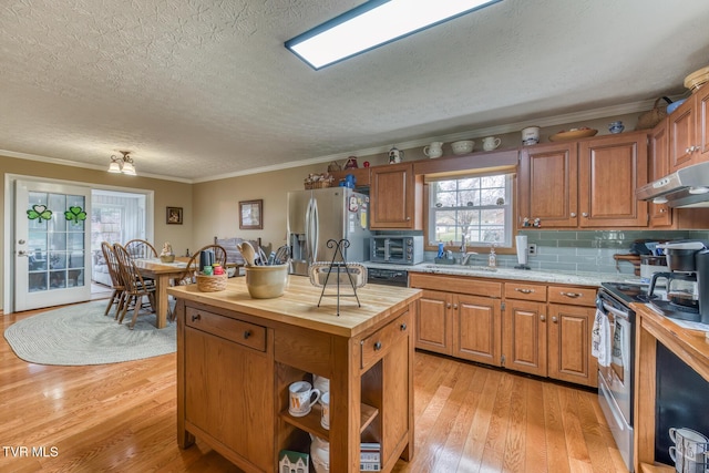 kitchen with under cabinet range hood, appliances with stainless steel finishes, light wood-style floors, wood counters, and a sink