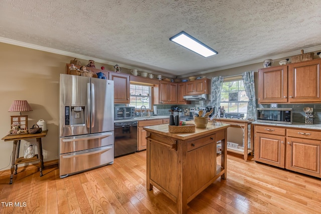 kitchen featuring a sink, light wood-style floors, appliances with stainless steel finishes, and under cabinet range hood