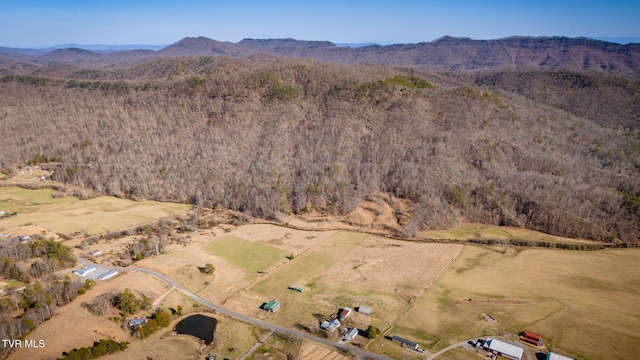 aerial view featuring a wooded view and a mountain view