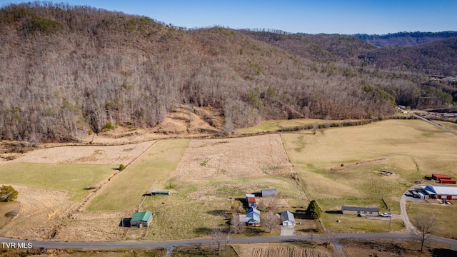 bird's eye view featuring a rural view and a view of trees