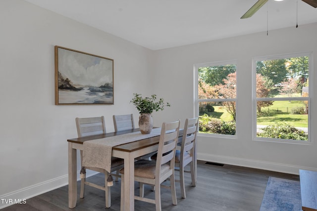 dining space featuring a ceiling fan, dark wood-style floors, visible vents, and baseboards