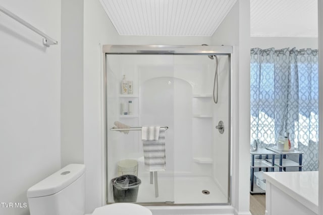 full bathroom featuring a stall shower and toilet