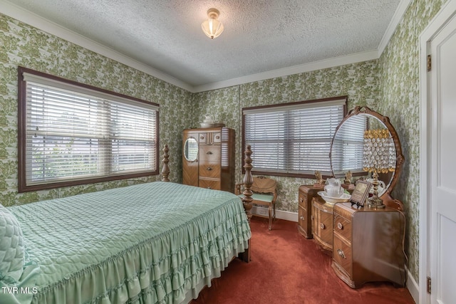 bedroom featuring wallpapered walls, crown molding, baseboards, carpet, and a textured ceiling