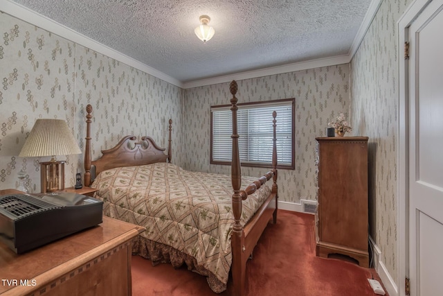 bedroom with wallpapered walls, visible vents, carpet floors, and a textured ceiling