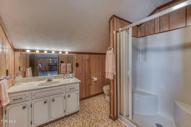 bathroom featuring vanity, a shower stall, wooden walls, and toilet