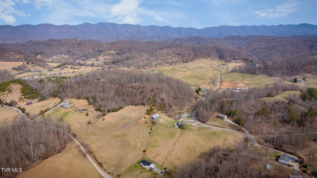 bird's eye view featuring a wooded view and a mountain view