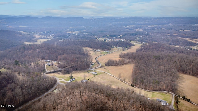 birds eye view of property featuring a forest view, a rural view, and a mountain view