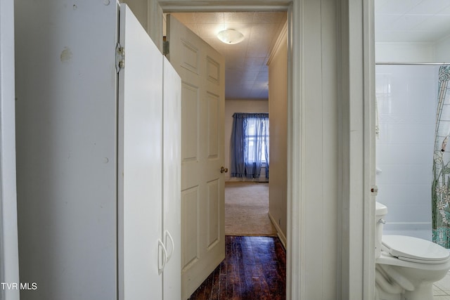 hall with dark colored carpet and dark wood finished floors