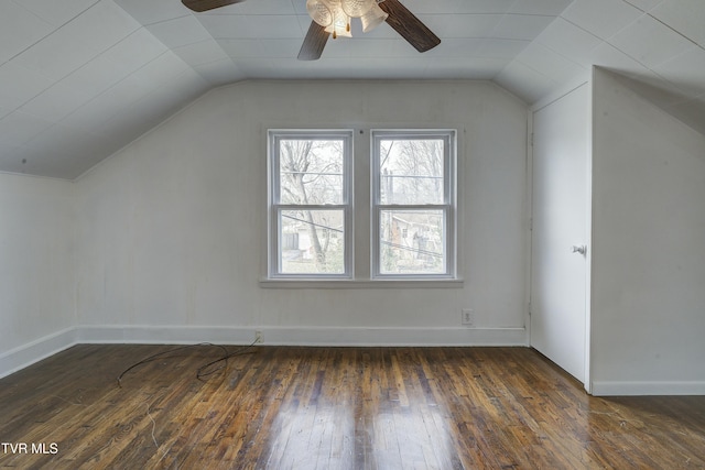 bonus room with vaulted ceiling, baseboards, ceiling fan, and hardwood / wood-style floors