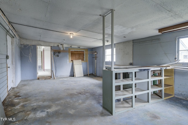 below grade area featuring a wealth of natural light and concrete block wall