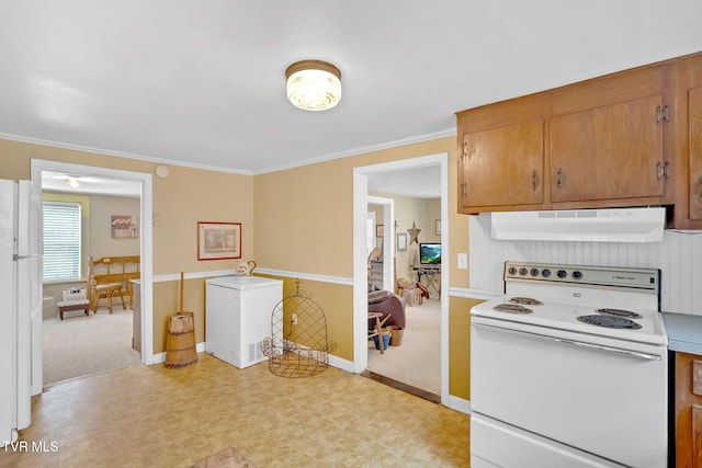 kitchen featuring white appliances, baseboards, ornamental molding, light countertops, and exhaust hood