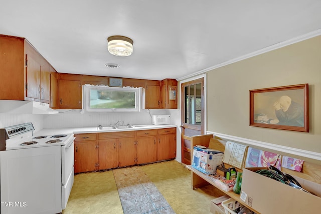 kitchen with visible vents, light floors, light countertops, exhaust hood, and white appliances