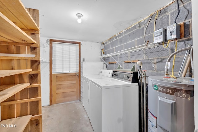 laundry room featuring washer and clothes dryer, laundry area, electric water heater, and concrete block wall