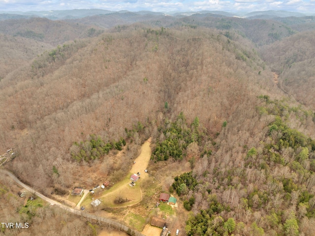 birds eye view of property featuring a view of trees and a mountain view