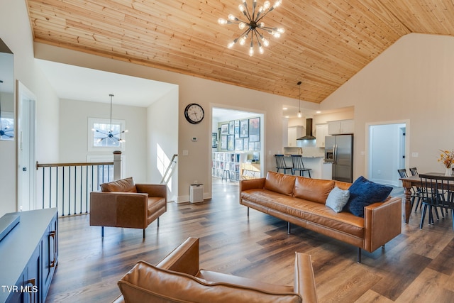 living area with an inviting chandelier, wood ceiling, and dark wood-style flooring