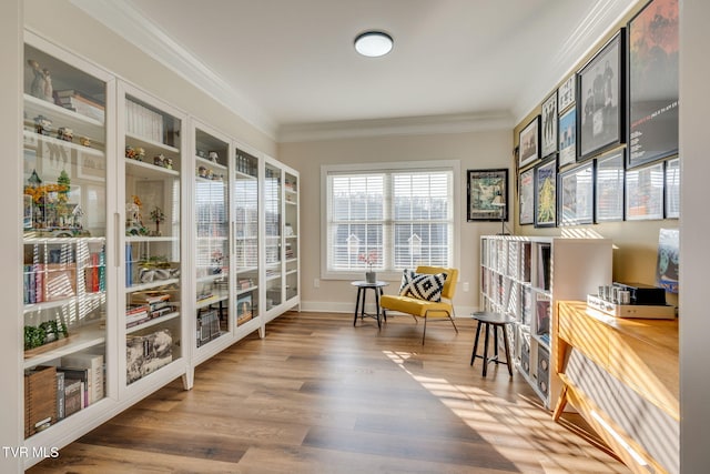 interior space with crown molding, baseboards, and wood finished floors