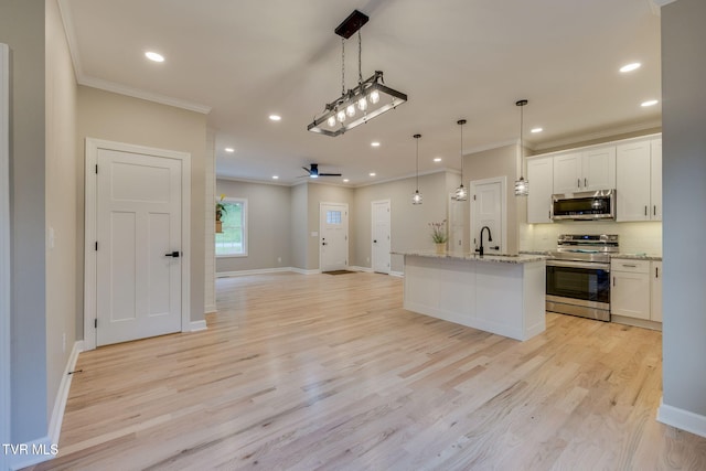 129 Stratton Pl, Kingsport, TN 37663 - kitchen featuring appliances with stainless steel finishes, crown molding, recessed lighting, light wood-style flooring, and tasteful backsplash