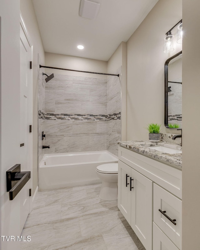 129 Stratton Pl, Kingsport, TN 37663 - full bath featuring vanity, bathing tub / shower combination, recessed lighting, and marble finish floors