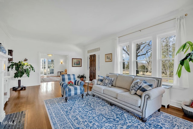 living area with baseboards, wood finished floors, and crown molding