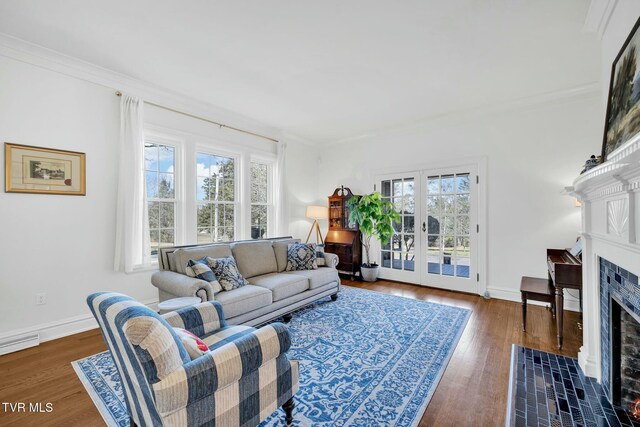 living area with wood finished floors, a fireplace, baseboards, and ornamental molding