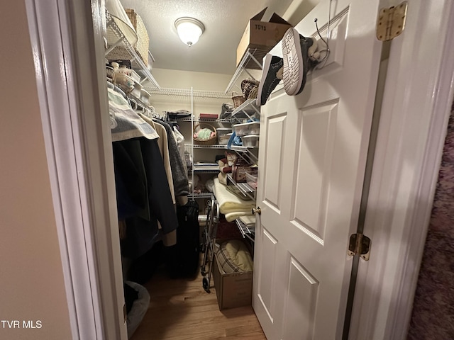 walk in closet with wood finished floors