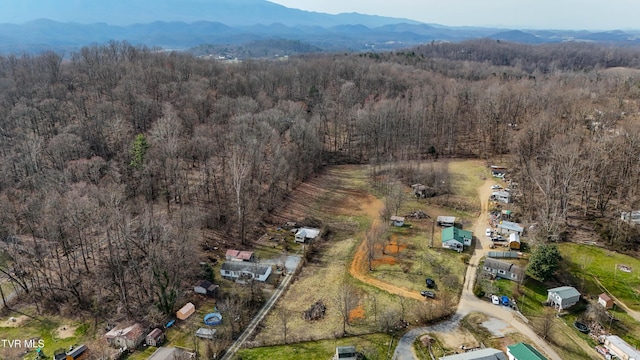 drone / aerial view featuring a mountain view and a wooded view