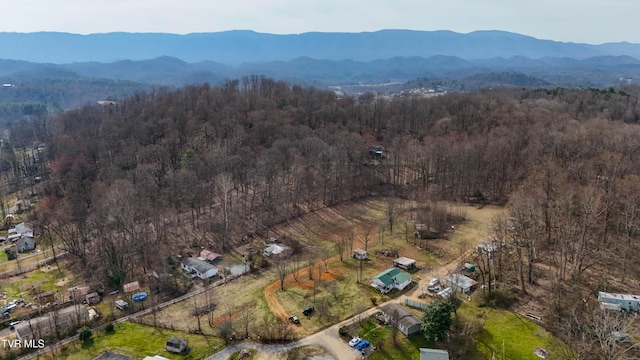 aerial view featuring a mountain view and a forest view