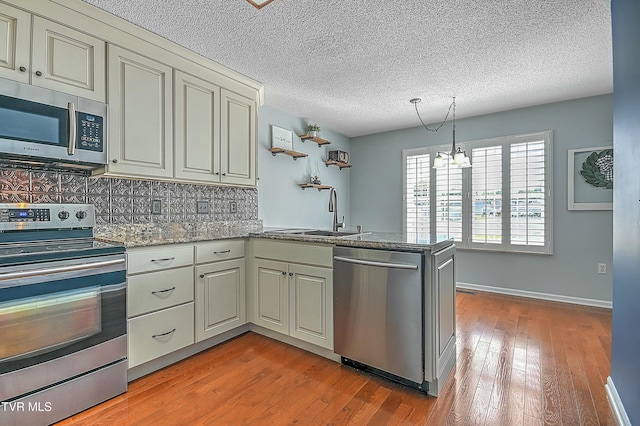 kitchen featuring light wood-style flooring, a sink, backsplash, stainless steel appliances, and a peninsula