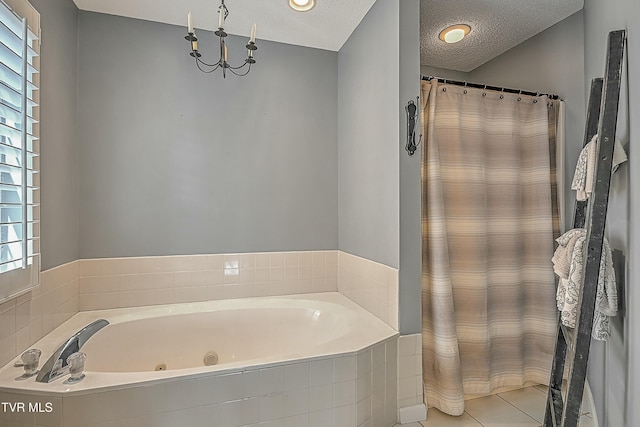 full bath featuring a shower with curtain, a textured ceiling, and a garden tub