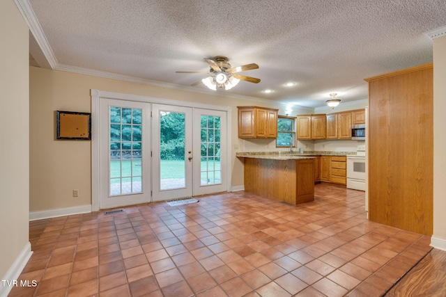 631 Bowmantown Rd, Telford, TN 37690 - kitchen with white range, stainless steel microwave, crown molding, a peninsula, and a ceiling fan
