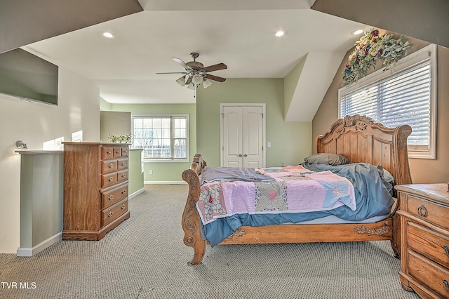 bedroom with light carpet, recessed lighting, a ceiling fan, and baseboards