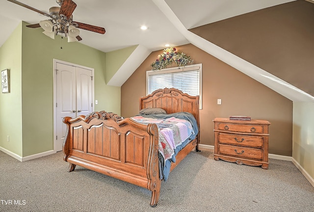 carpeted bedroom featuring baseboards, lofted ceiling, recessed lighting, ceiling fan, and a closet