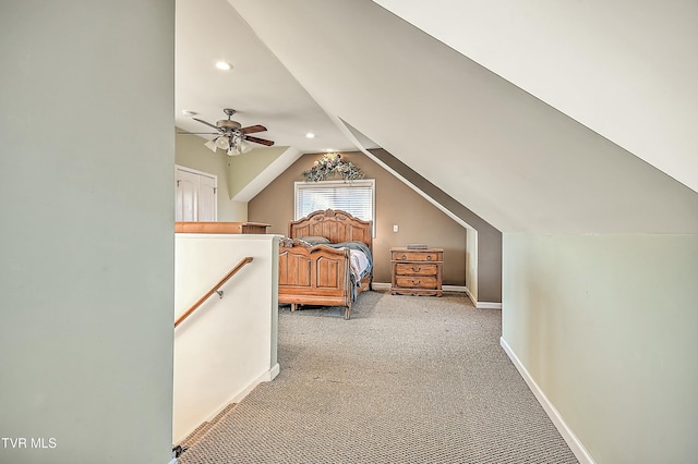 bedroom with a ceiling fan, baseboards, recessed lighting, vaulted ceiling, and light colored carpet