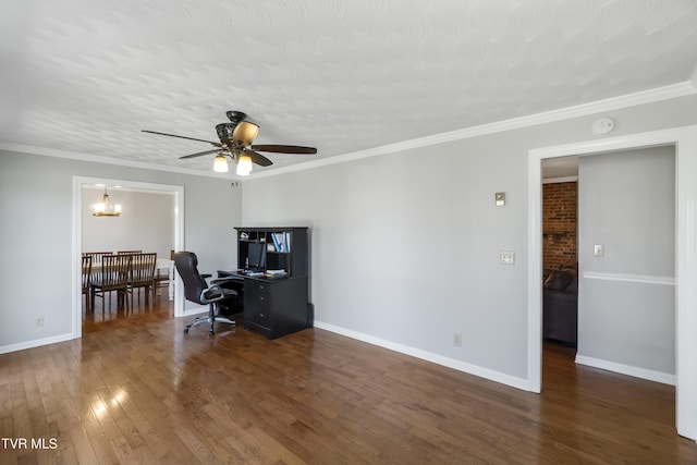 home office with ceiling fan with notable chandelier, baseboards, and hardwood / wood-style floors