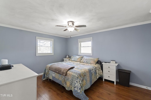 bedroom featuring baseboards, dark wood-type flooring, and crown molding