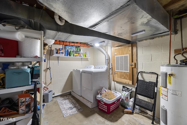 unfinished basement featuring washer and dryer and electric water heater