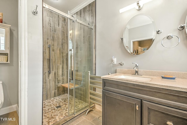 bathroom with tile patterned flooring, a shower stall, toilet, and vanity