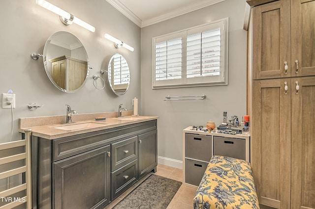 full bathroom with a sink, double vanity, crown molding, and tile patterned flooring