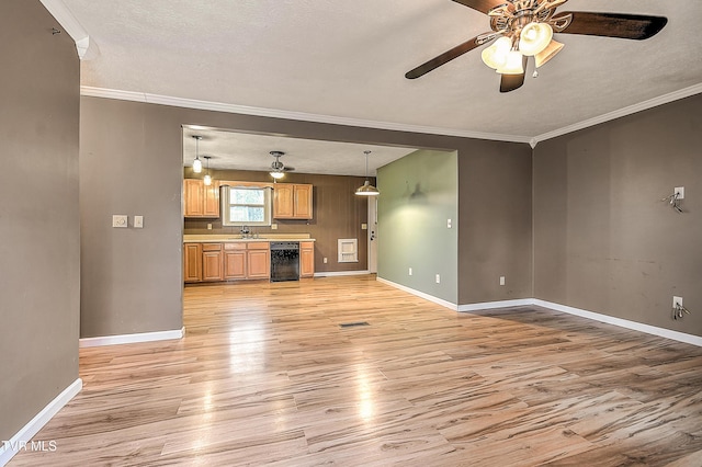 unfurnished living room featuring crown molding, ceiling fan, beverage cooler, light wood-style floors, and a sink