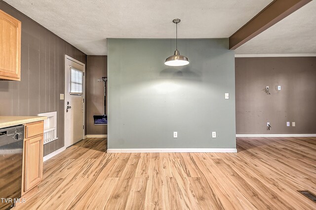 kitchen featuring black dishwasher, light brown cabinets, visible vents, and light wood finished floors