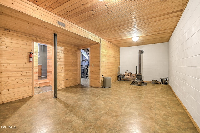 finished basement featuring concrete block wall, visible vents, a wood stove, wood ceiling, and wood walls