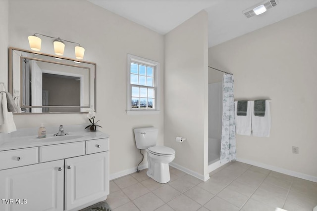 full bath featuring vanity, a shower with curtain, visible vents, tile patterned floors, and toilet