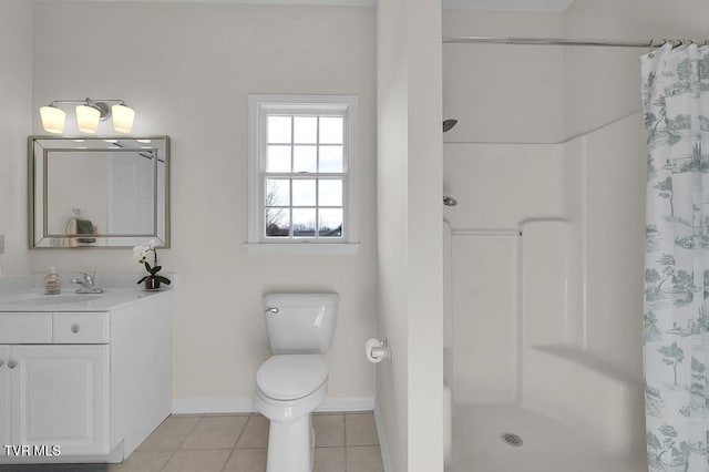 bathroom with toilet, tile patterned floors, a shower with curtain, and vanity