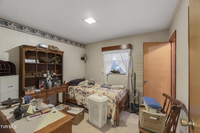 carpeted bedroom featuring wallpapered walls