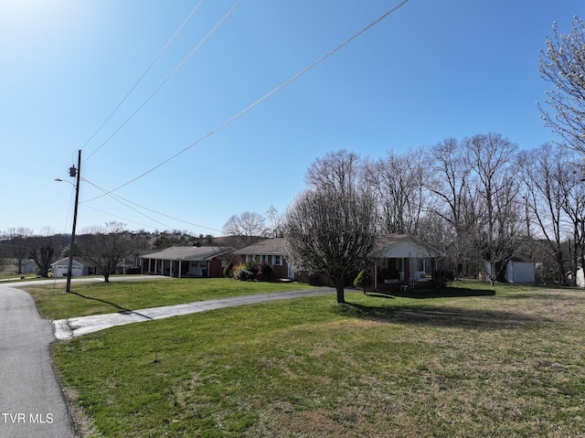 view of front facade with curved driveway and a front lawn