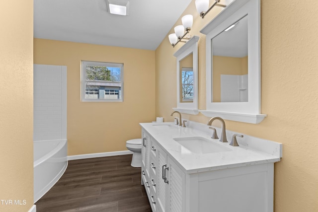 bathroom with a sink, toilet, wood finished floors, and double vanity