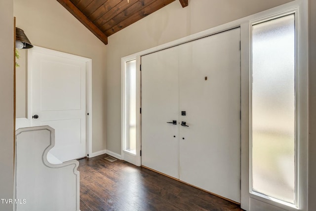 entrance foyer featuring a wealth of natural light, wood ceiling, lofted ceiling, and dark wood-style flooring