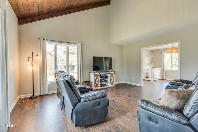 living area with baseboards, high vaulted ceiling, wood ceiling, and wood finished floors