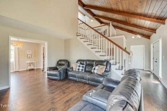 living room featuring stairway, beam ceiling, a notable chandelier, and wood finished floors